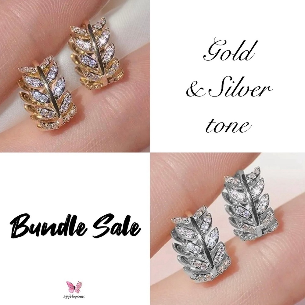 Zircon Olive Branch Leaf Small Hoop Earrings - Gold & Silver Set